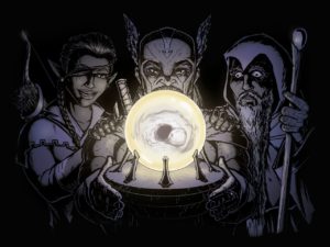 Prophesy and Prediction A crystal ball illuminates a mage, a hunter, and a soldier with a vision of an empty tomb.