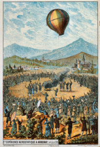 A drawing of an early balloon flight with a crowd watching (image courtesy Wikimedia Commons)