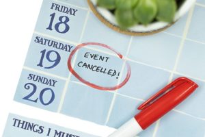 A graphic of a calendar with 'event cancelled' circled in red (image courtesy Delegate Connect Images at Flickr)