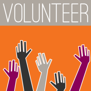 A graphic of hands raised with the title 'volunteer' (image courtesy Wikimedia Commons)