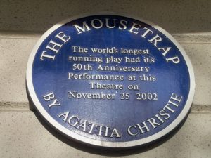 A photo of the plaque commemorating Saint Martin's Theatre and the world's longest running play 'The Mousetrap' in Covenant Garden, London (image courtesy Wikimedia Commons)