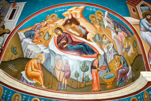 A photo of the mural of the icon of the Birth of Christ at John the Baptist Church at the Jordan River (image courtesy Wikipedia)