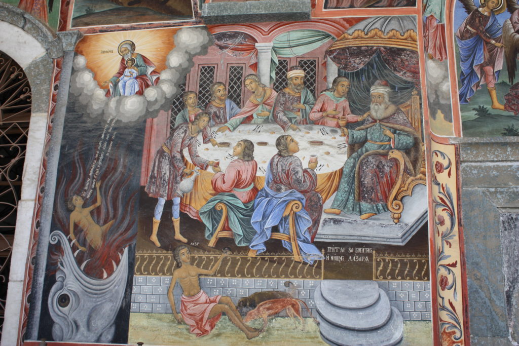 A photo of the fresco of Lazarus and the Rich Man at the Rila Monastery