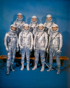 A photo of NASA's first astronaut class, called the Mercury 7 (image courtesy Wikimedia Commons)