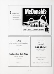 A black and white print advertisement from 1962 for McDonald's and two other eateries