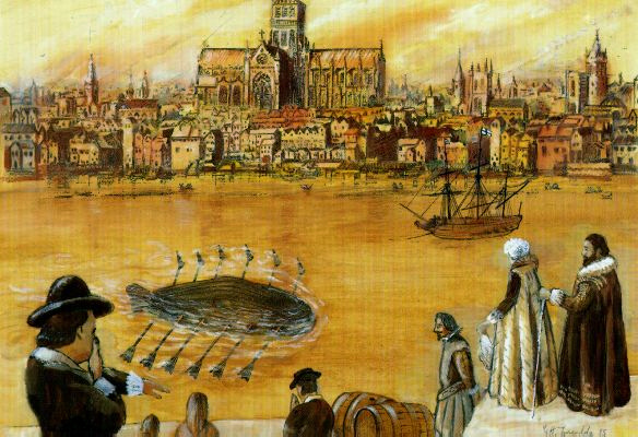 A painting of Cornelis Van Drebbel's first submarine being tested in the river Thames. The submarine floats at the surface in the middle of a yellow-colored river with the 17th century city in the background and while royalty watch from the shore in the foreground.